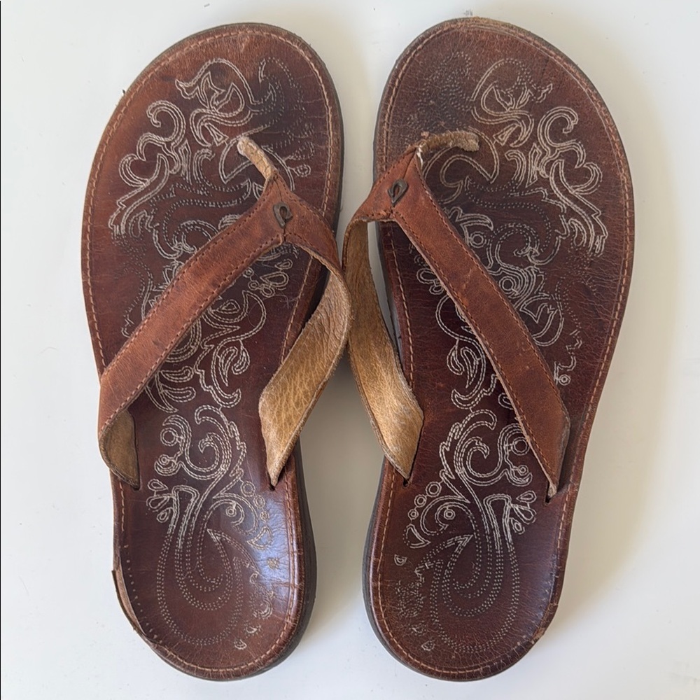 OluKai Brown Leather Flip Flops with Intricate Design